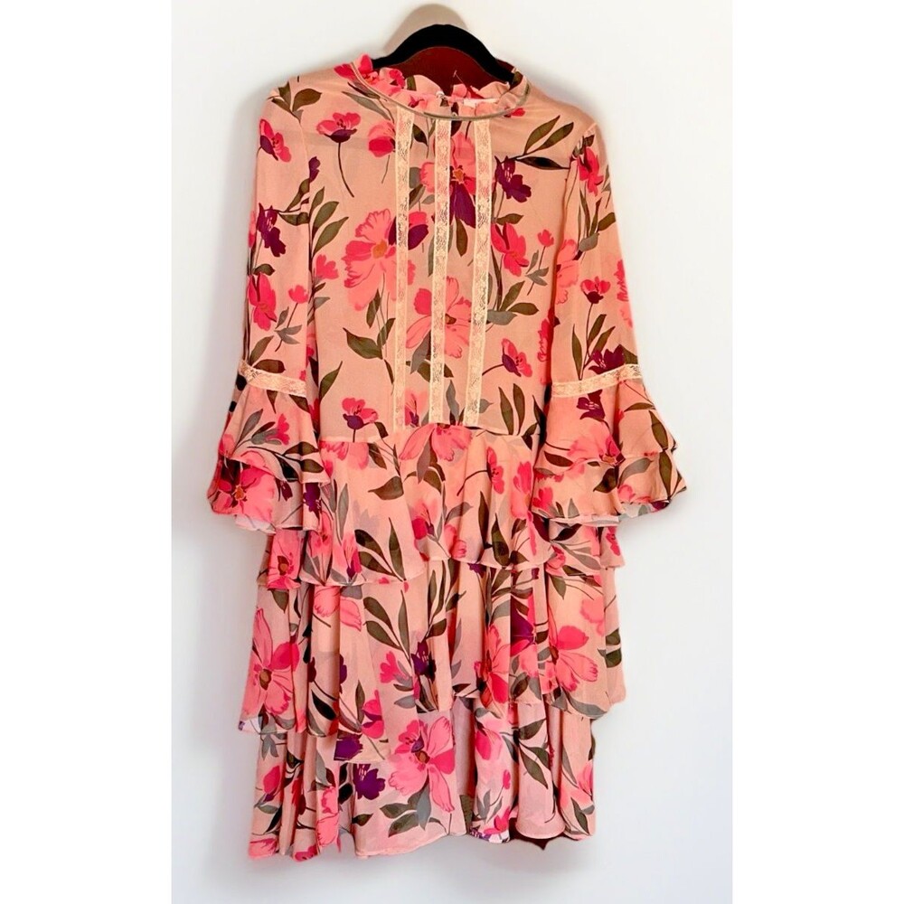 Twinset Milano Floral Tiered Boho Dress 46 (14) Peach Pink Flowy Made in Italy